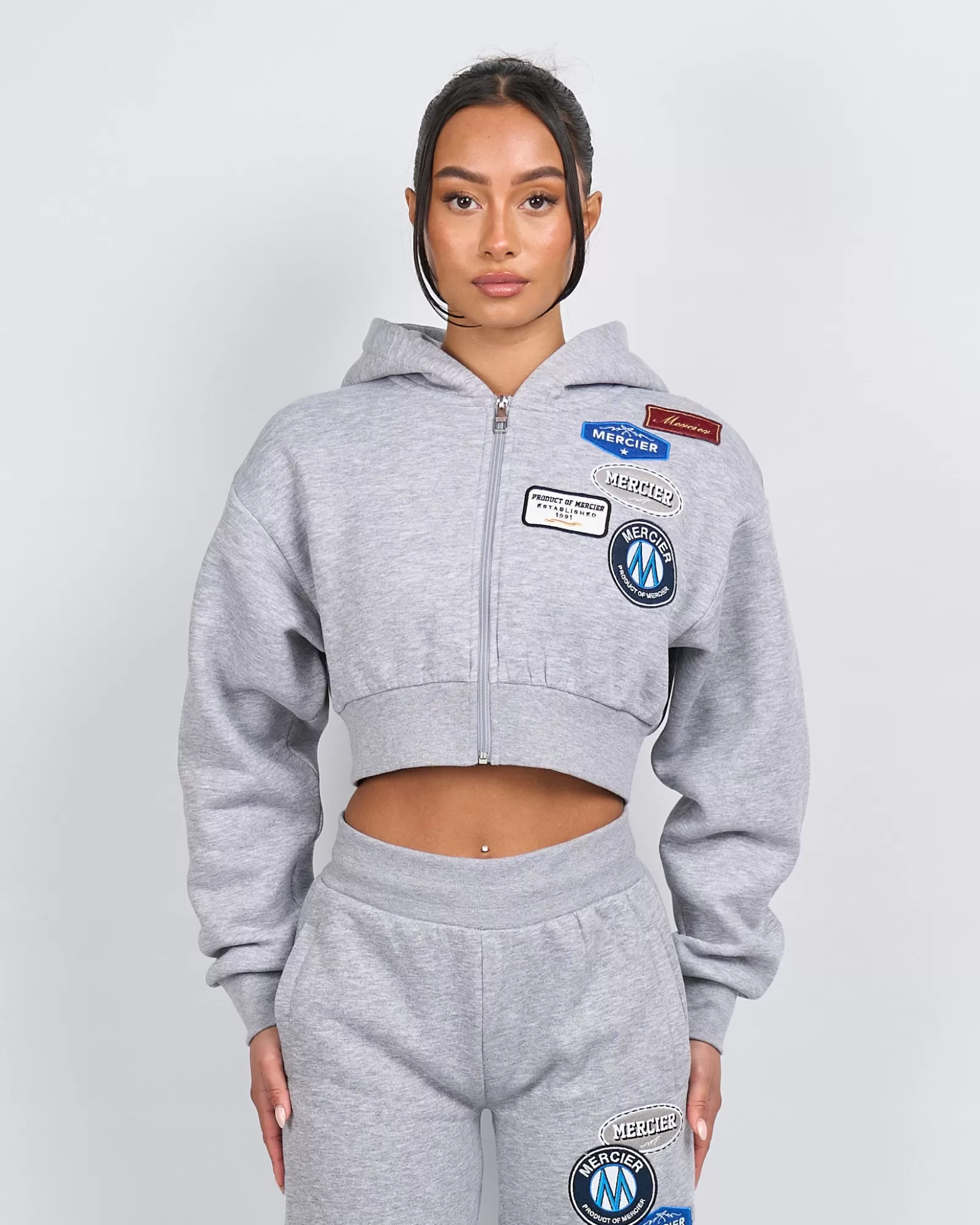 Outlet Damen | Hoodies Für Damen>Mercier Frauen Grau Marl OG Abzeichen Crop Hoodie mit Reiß verschluss