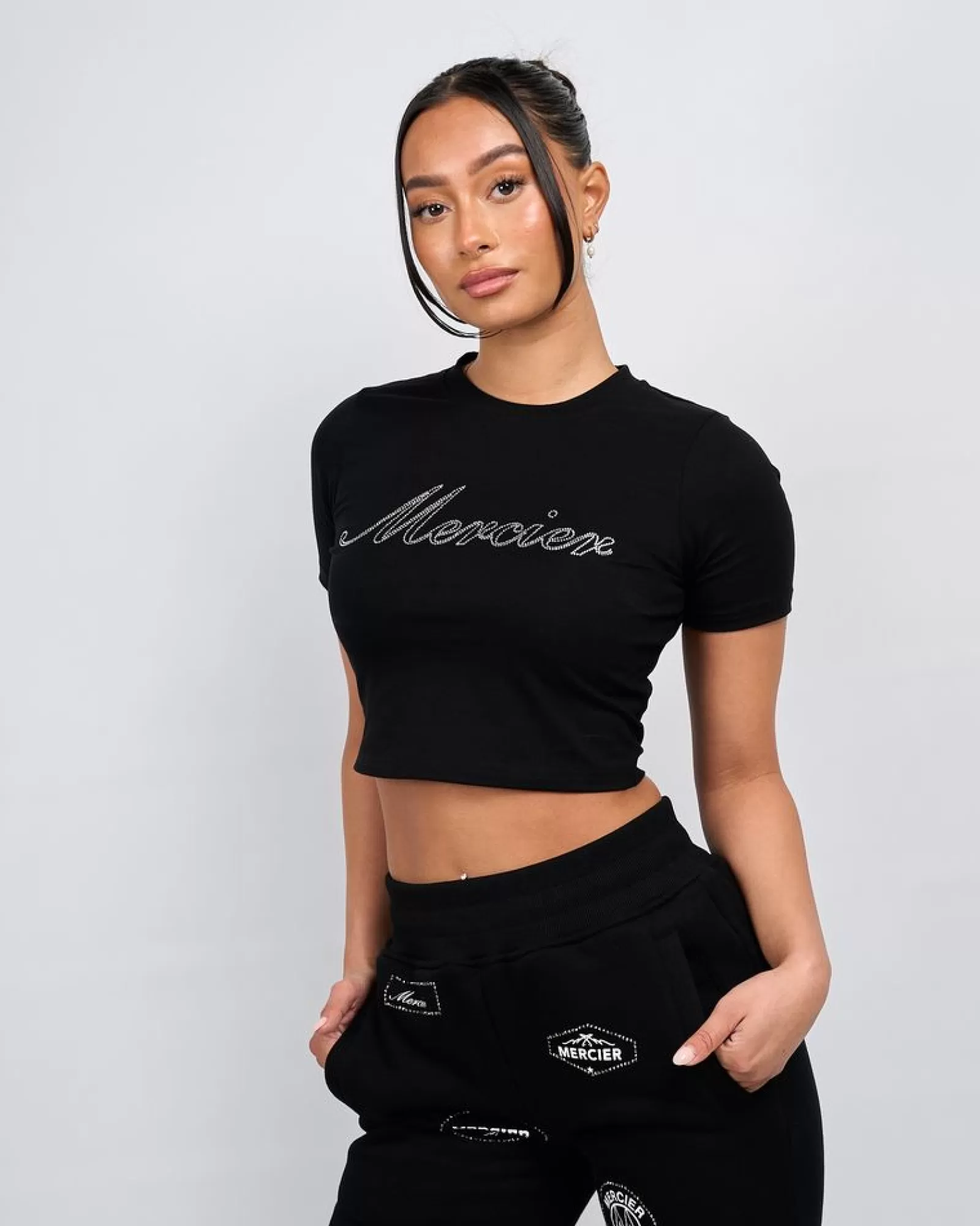 Damen-tops>Mercier Frauen schwarzes Skript Diamante Baby T-Shirt